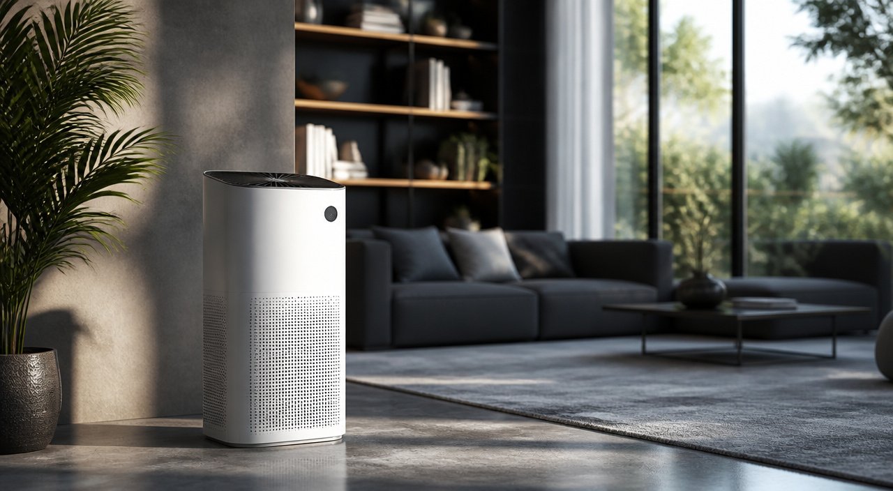 Air purifier positioned in a comfortable living space