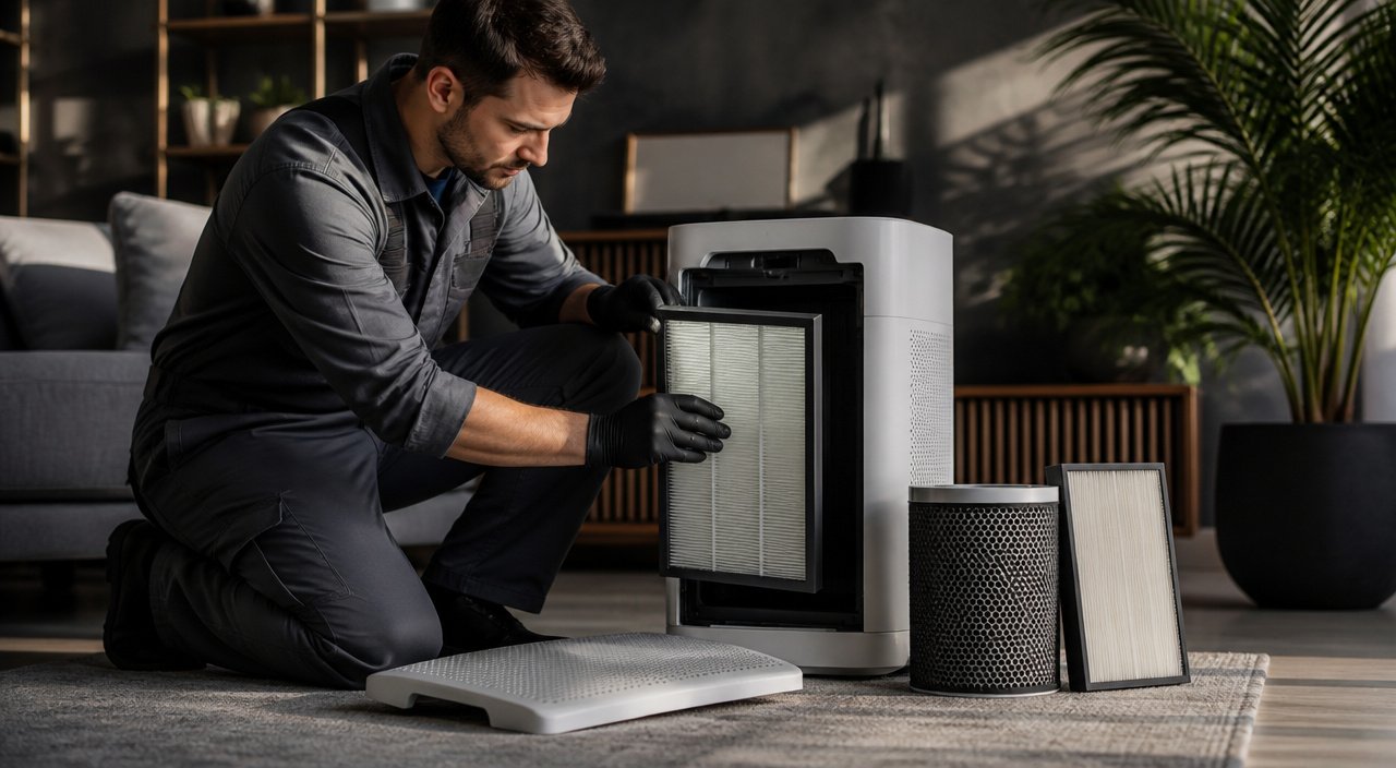 Air purifier filter being prepared for routine maintenance