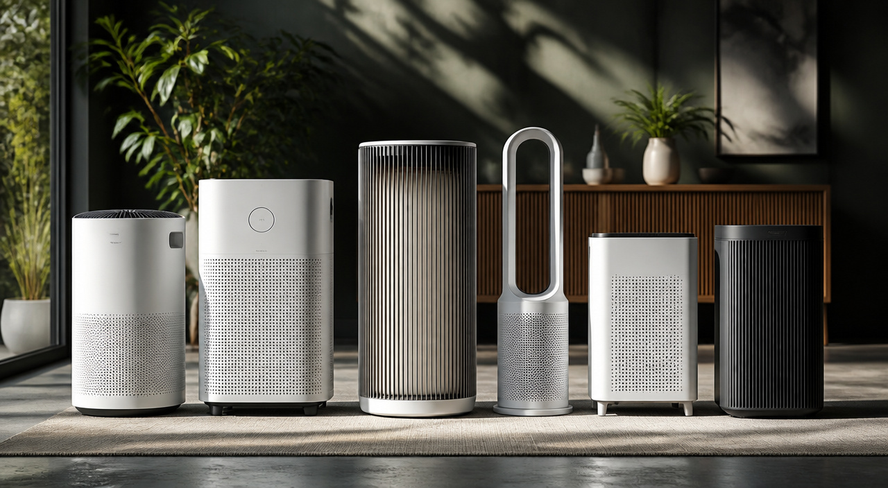 Several air cleaning unit styles in an indoor setting